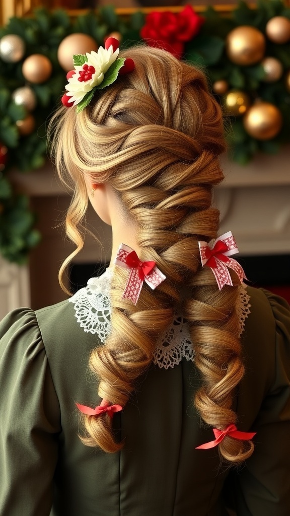 Elegant Victorian Christmas Hairstyles Victorian Christmas hairstyle with curls and braids, decorated with ribbons and flowers.